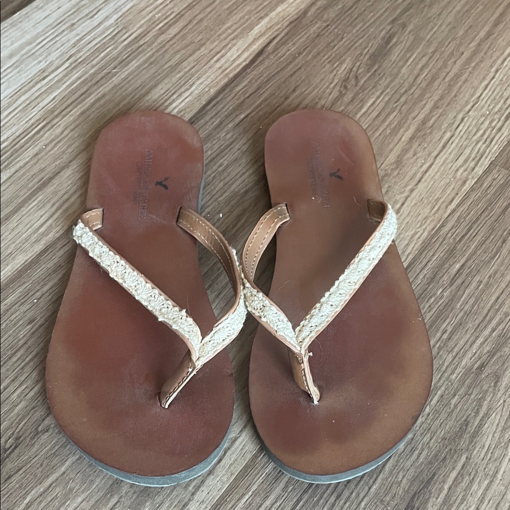 Brown Leather Flip Flops with Cream Straps